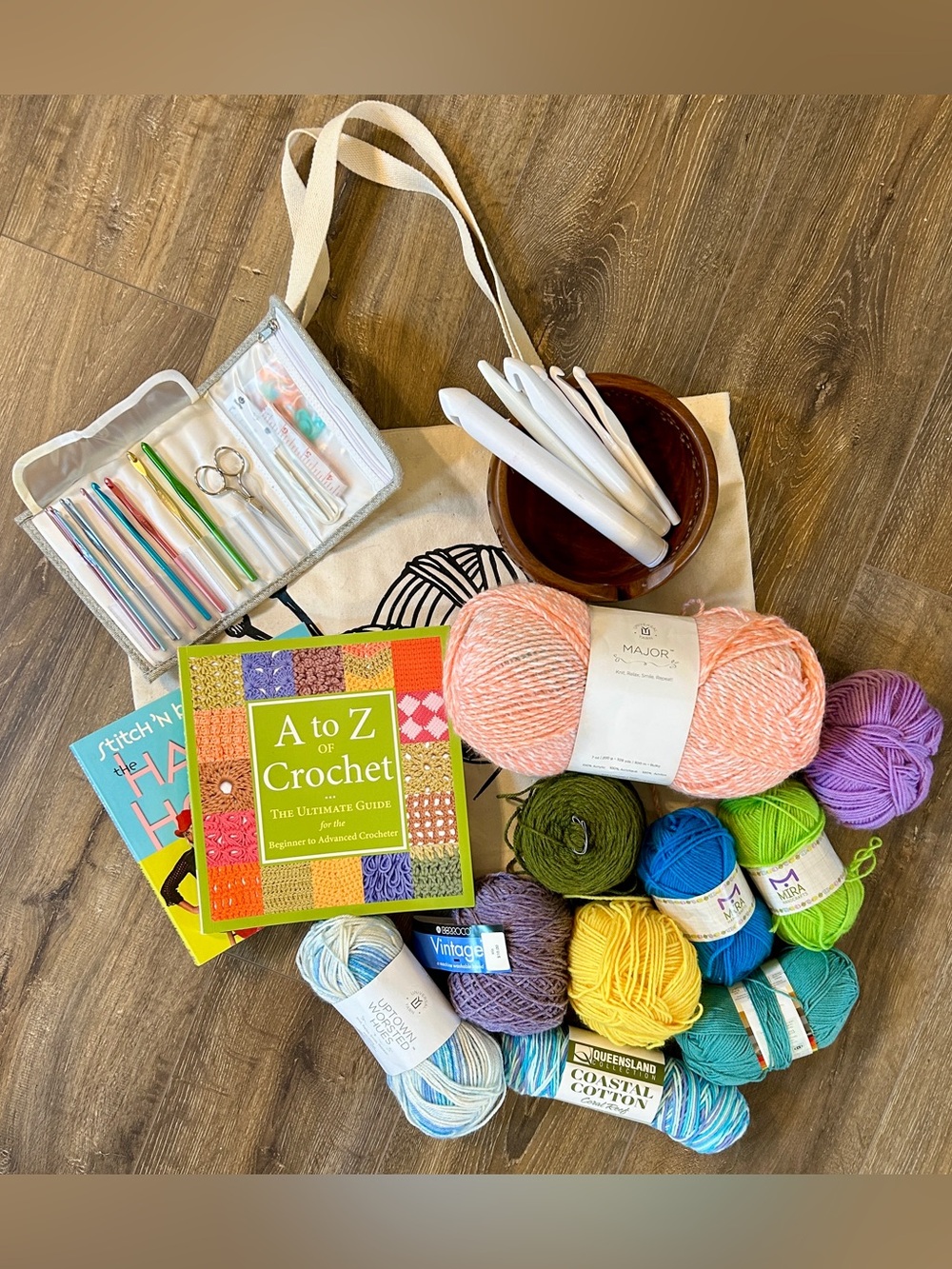 Everything needed to learn crochet: Hooks, books, yarn, bowl, and accessories